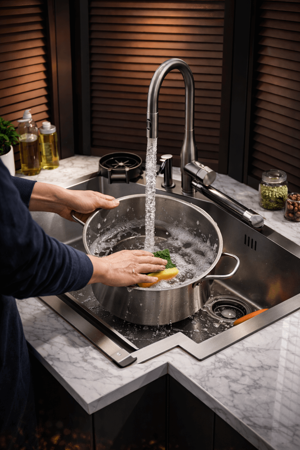 Person washing vegetables in a pot under running water in a kitchen.