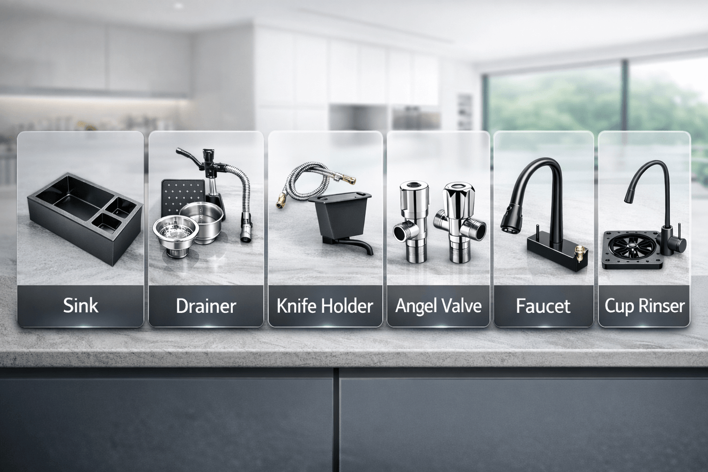 Collection of kitchen fixtures including a sink, drainer, knife holder, angel valve, faucet, and cup rinse on a modern kitchen counter.