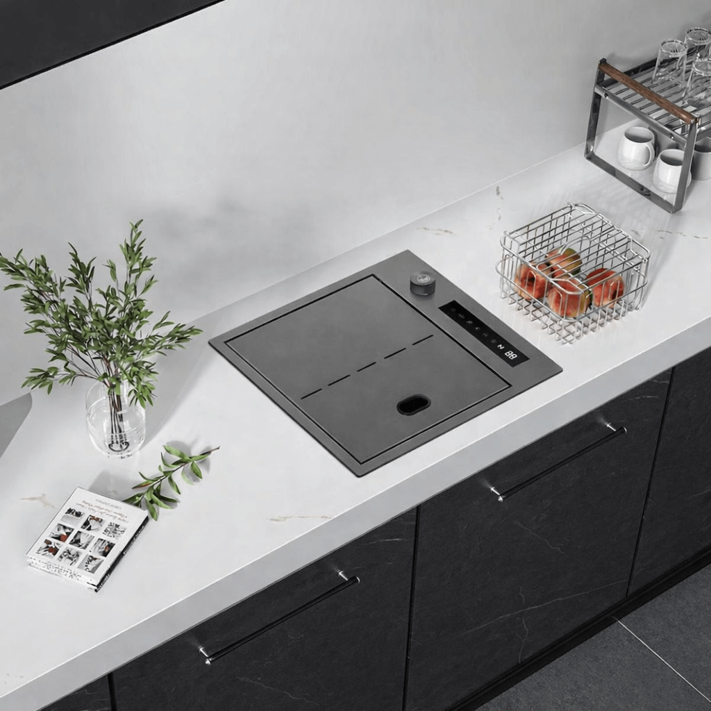 Modern kitchen with a black induction cooktop on a white countertop.