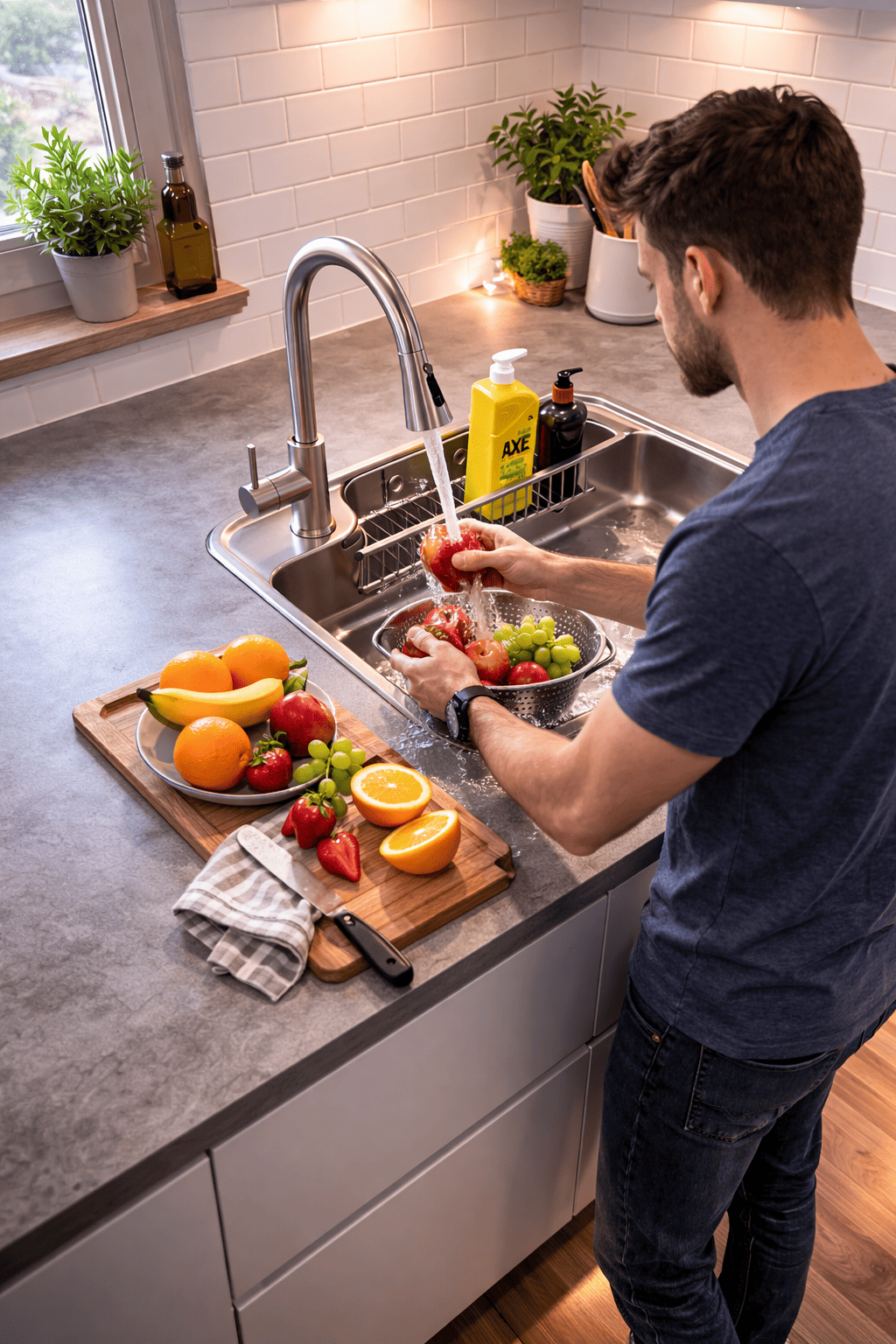 Man washing fruits in a kitchen sink with a cutting board and vegetables on the counter.