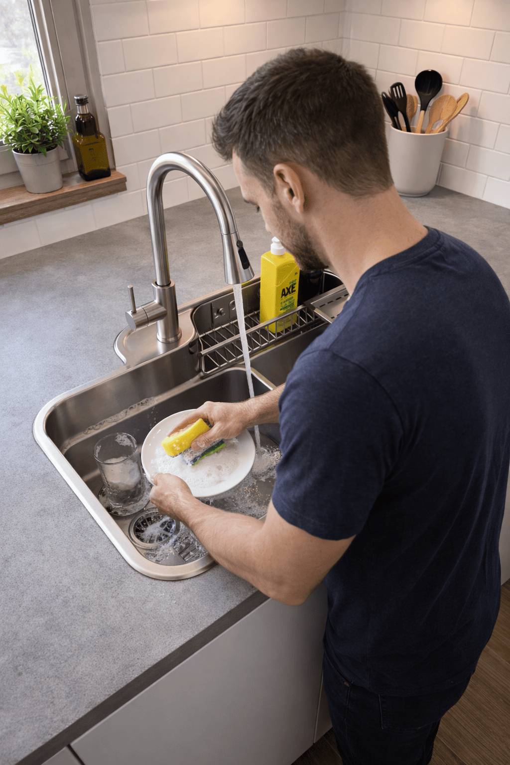 Man washing dishes in a kitchen sink with soap and water.