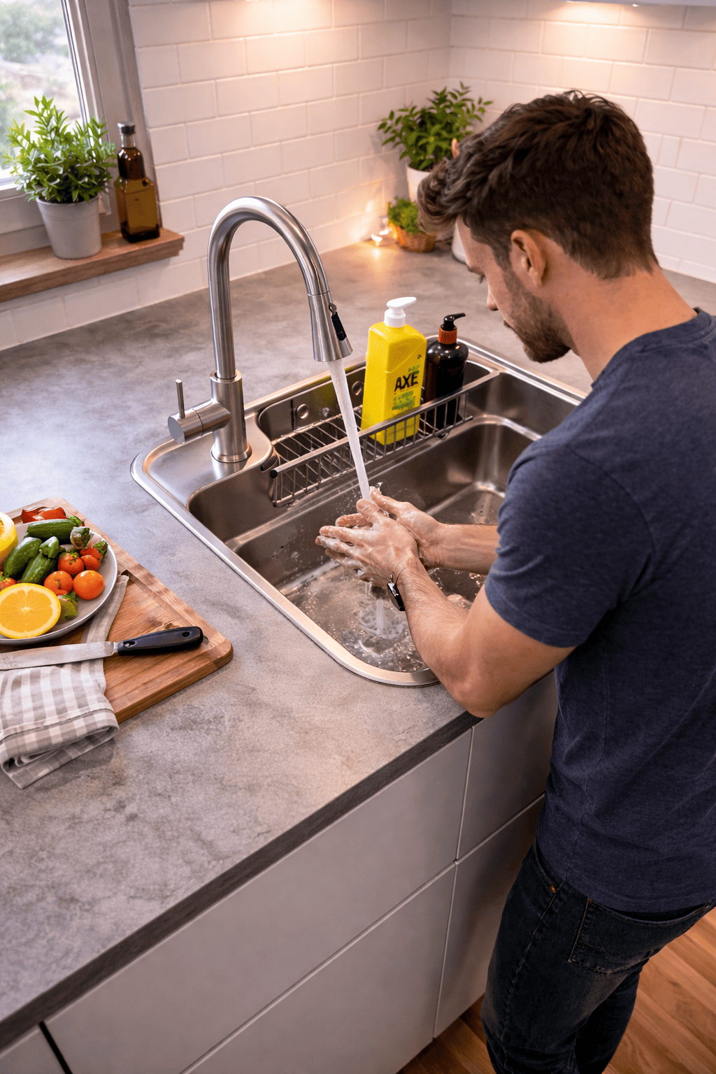 Man washing hands in a kitchen sink with a plate of vegetables on the counter.