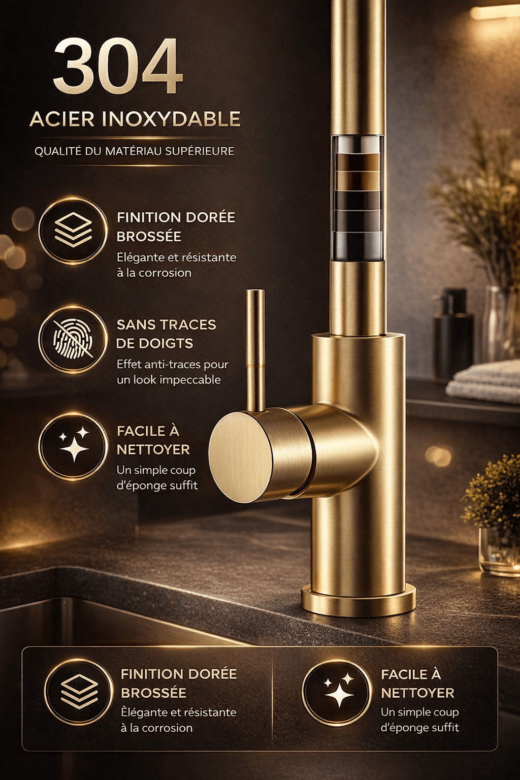 Gold kitchen faucet with features highlighted on a dark background