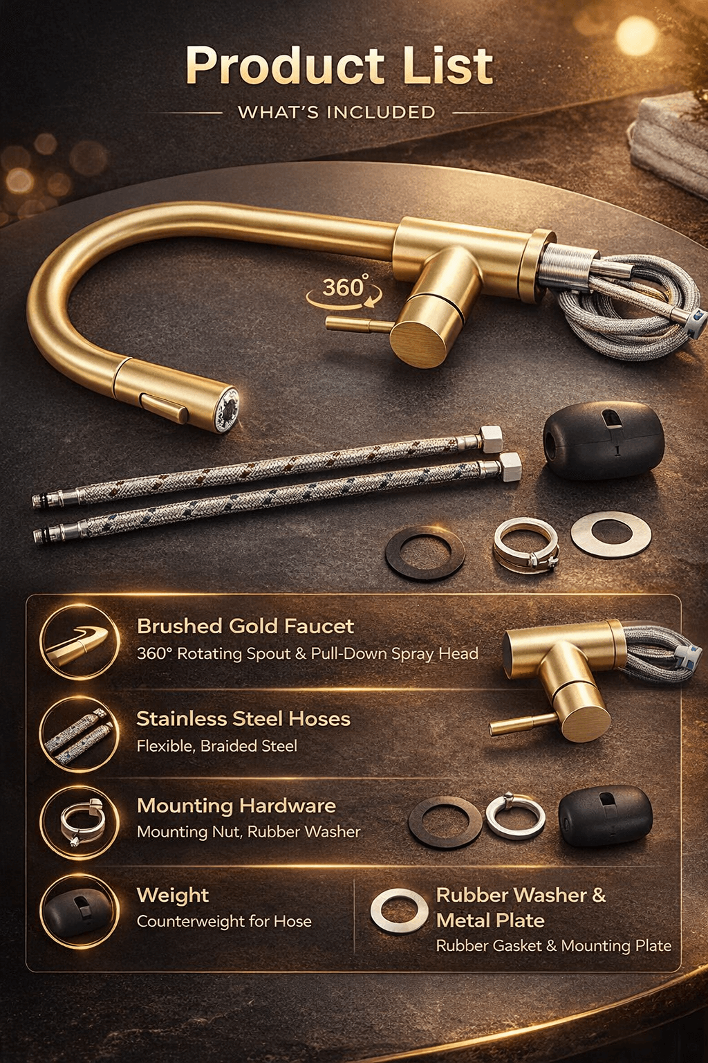 Kitchen faucet set with various components on a wooden surface