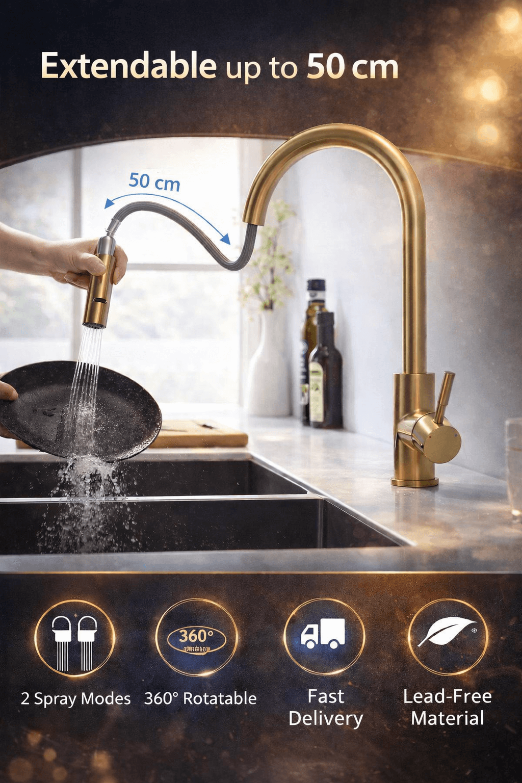 Gold kitchen faucet with extendable feature being used over a sink, with product features displayed below.