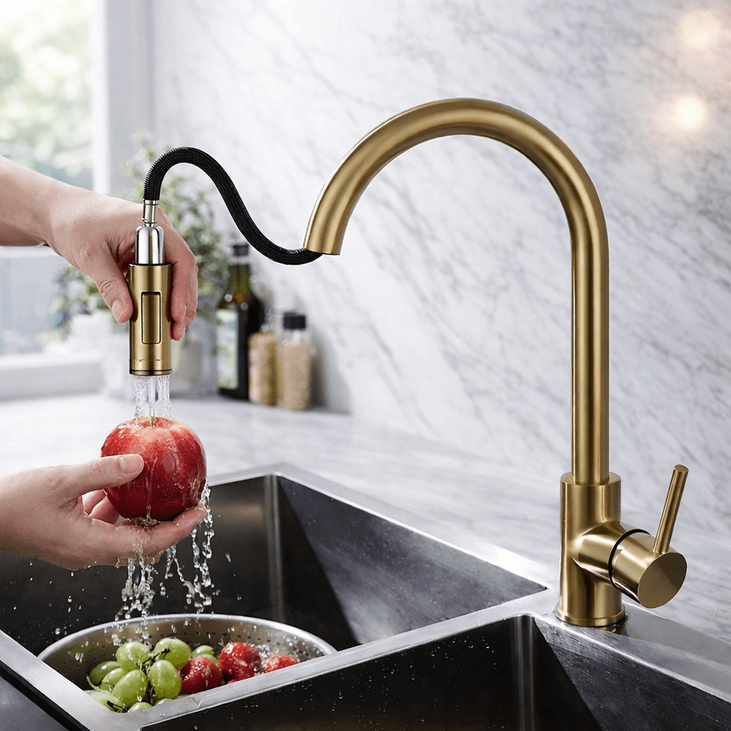 Gold kitchen faucet with a person washing an apple in a sink.