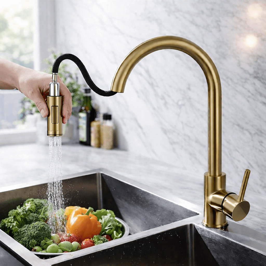 Gold kitchen faucet with a stream of water flowing into a sink filled with vegetables.