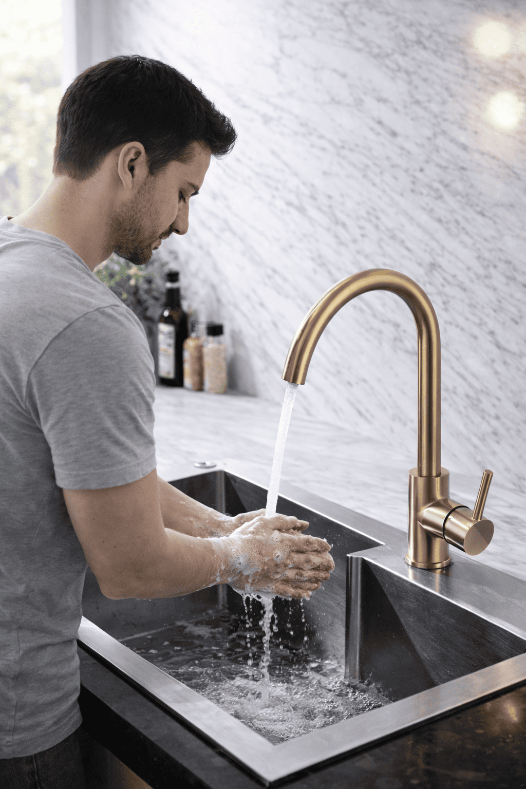Man washing hands under a modern kitchen faucet with a marble backsplash.