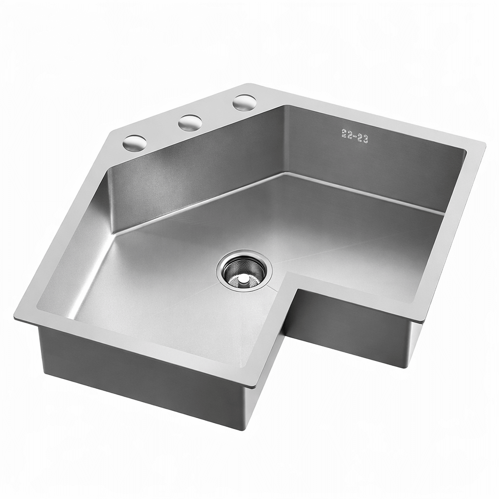 Stainless steel kitchen sink on a white background