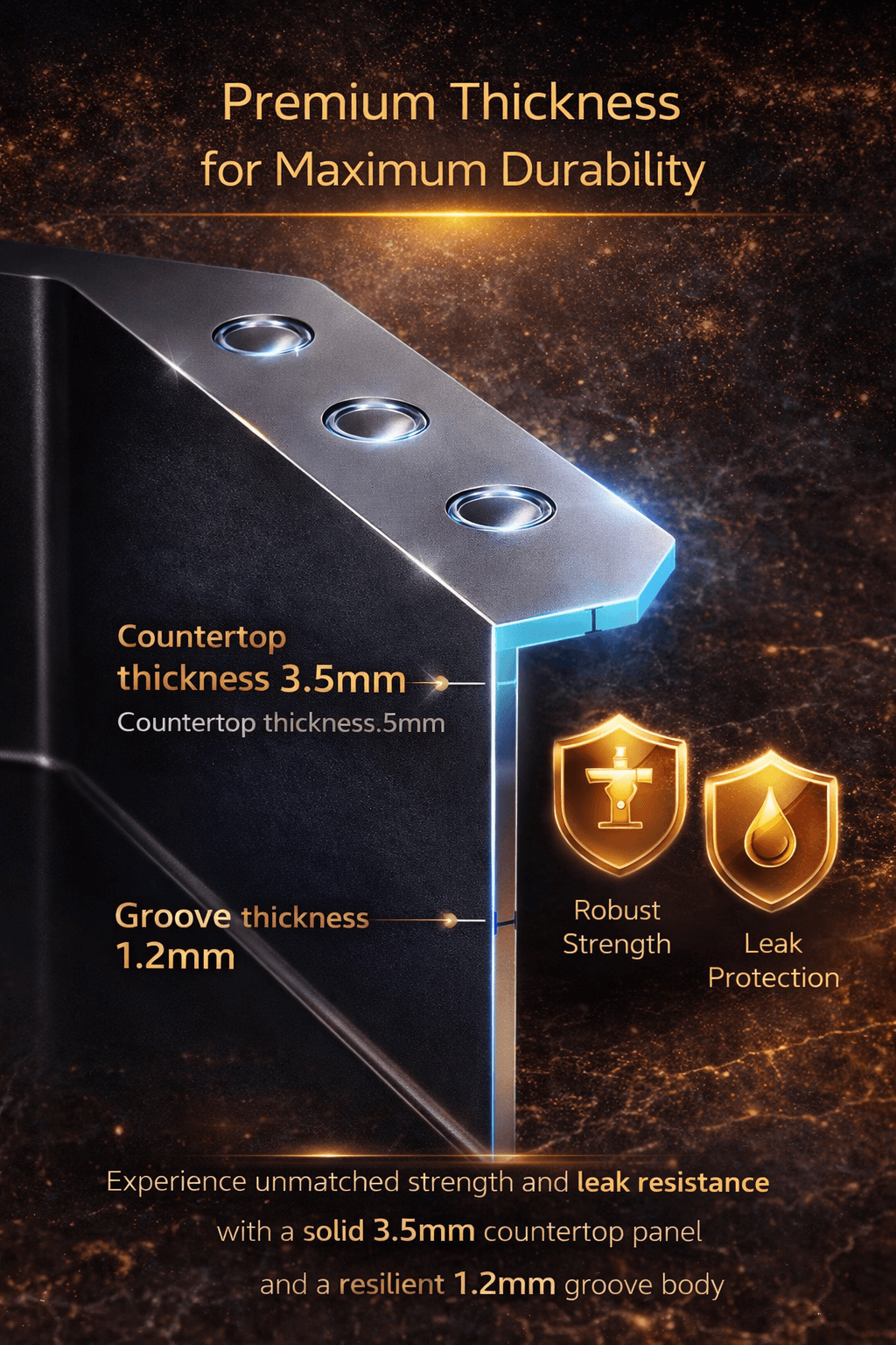 Product with highlighted thickness and durability features on a dark background