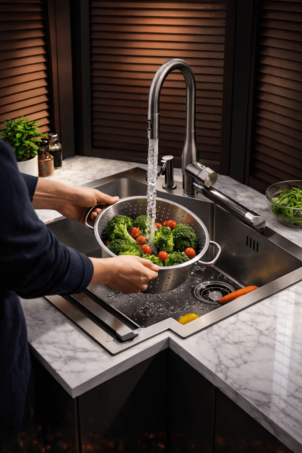 Person washing vegetables in a kitchen sink with a modern faucet.