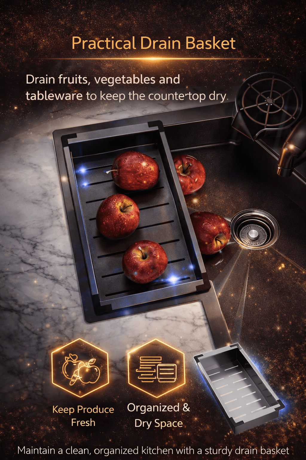 Practical drain basket with apples on a marble countertop, emphasizing freshness and organization.
