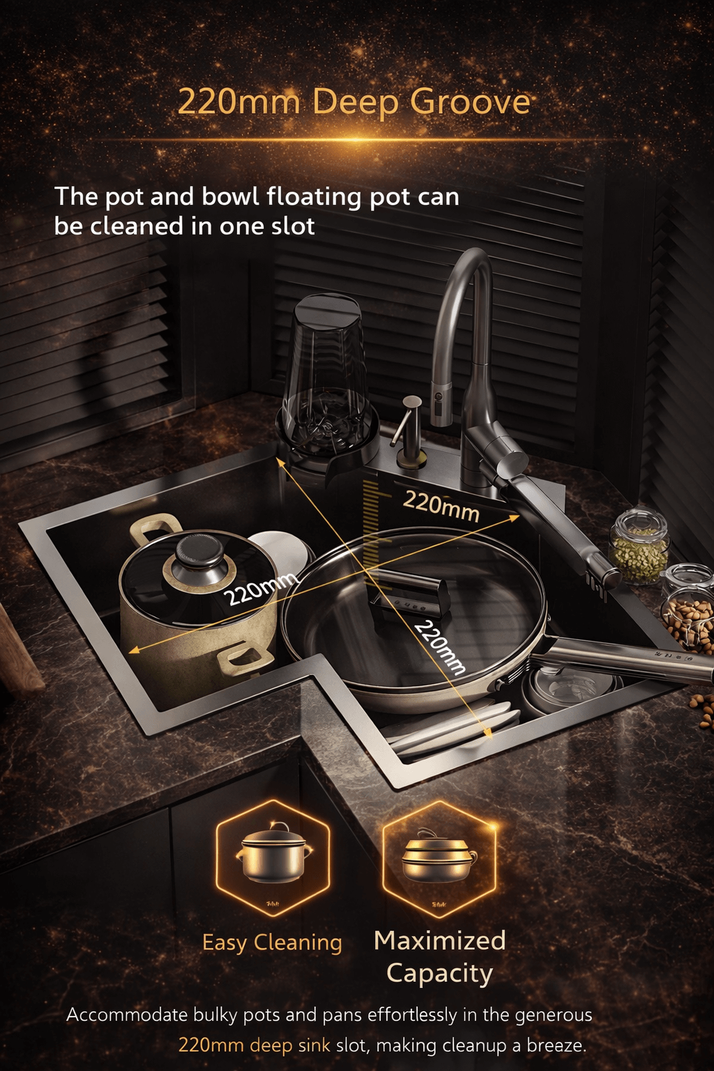 Stainless steel pot and bowl floating pot on a kitchen sink with text highlighting features.