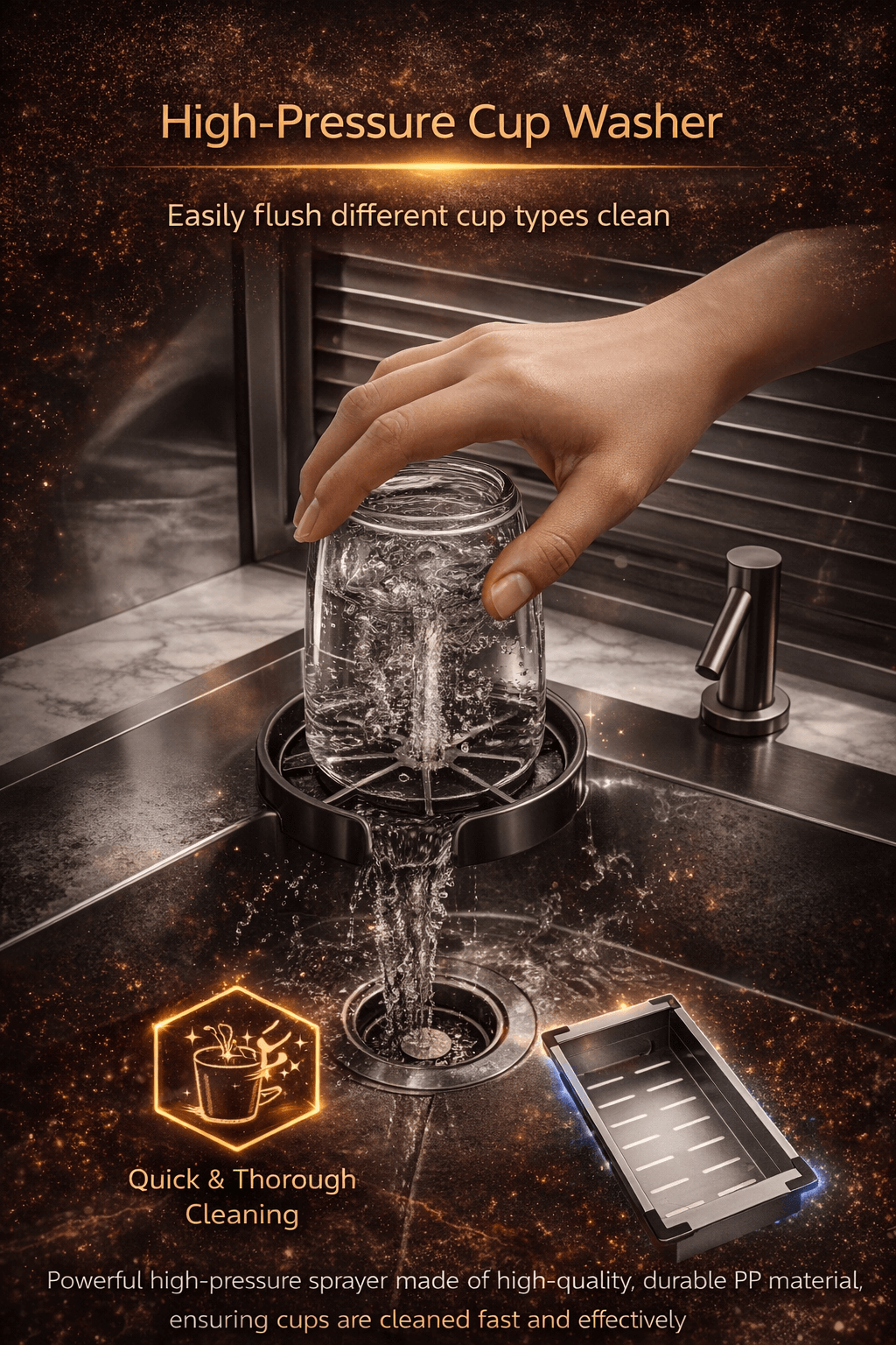 High-pressure cup washer in use with a hand holding a glass under water, on a dark kitchen counter.