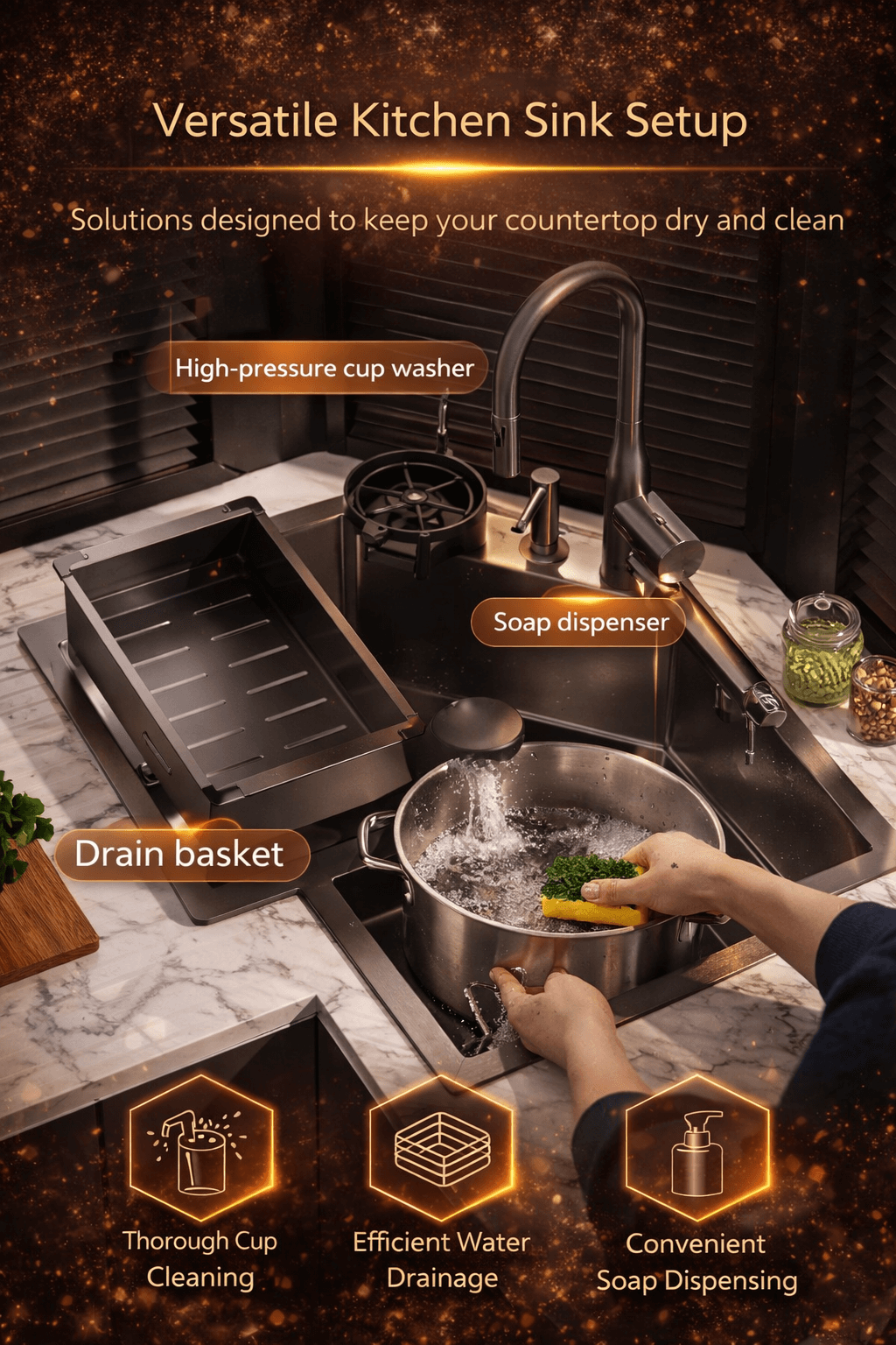 Kitchen sink setup with high-pressure cup washer, soap dispenser, and drain basket on a dark background.