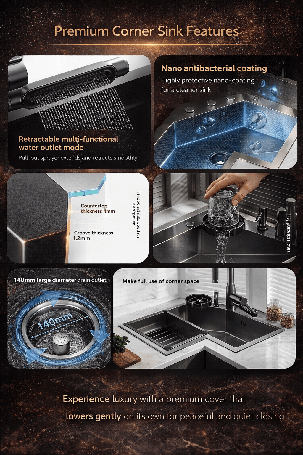 Promotional image of a corner sink with features highlighted on a dark background.