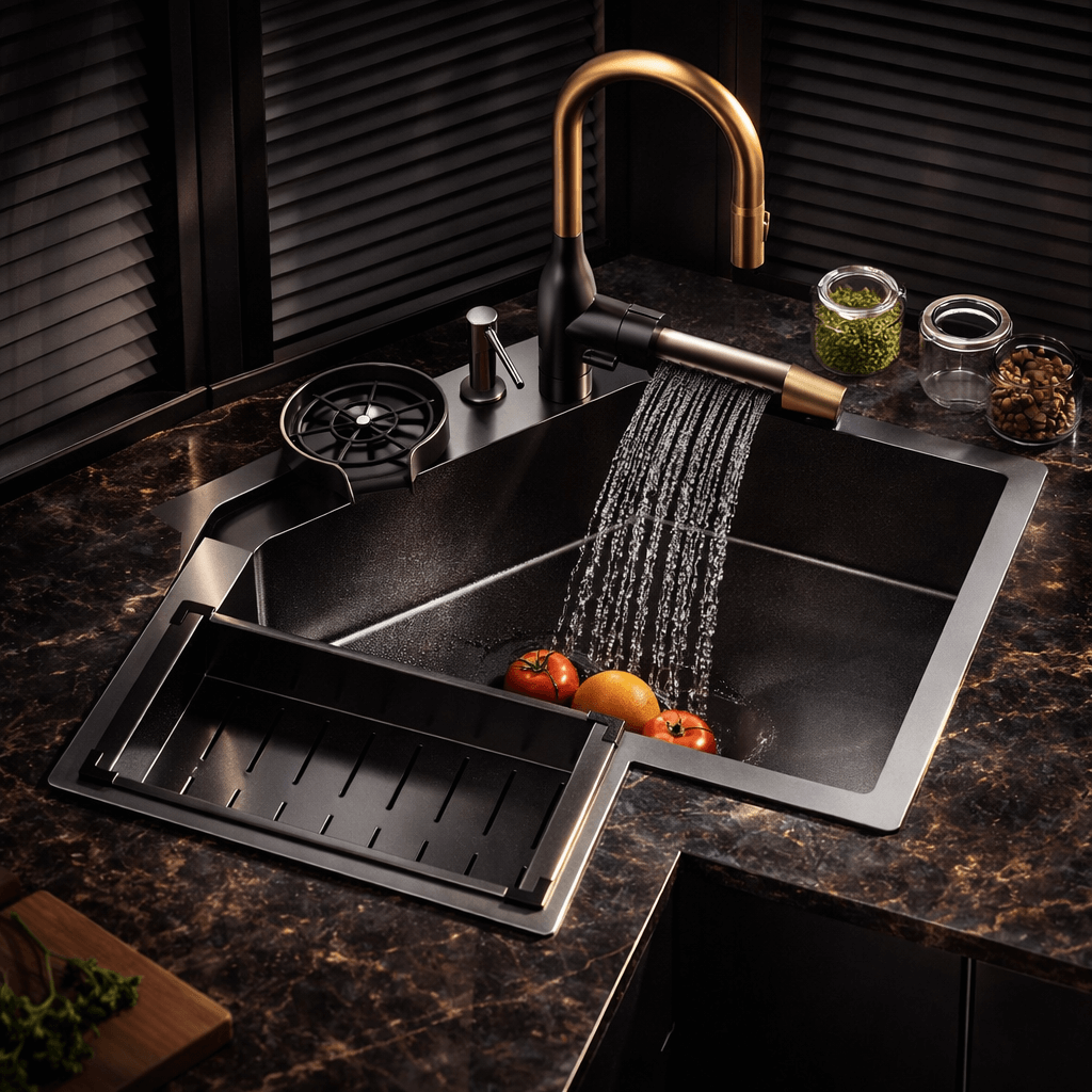 Modern kitchen sink with running water, vegetables, and a gold faucet.
