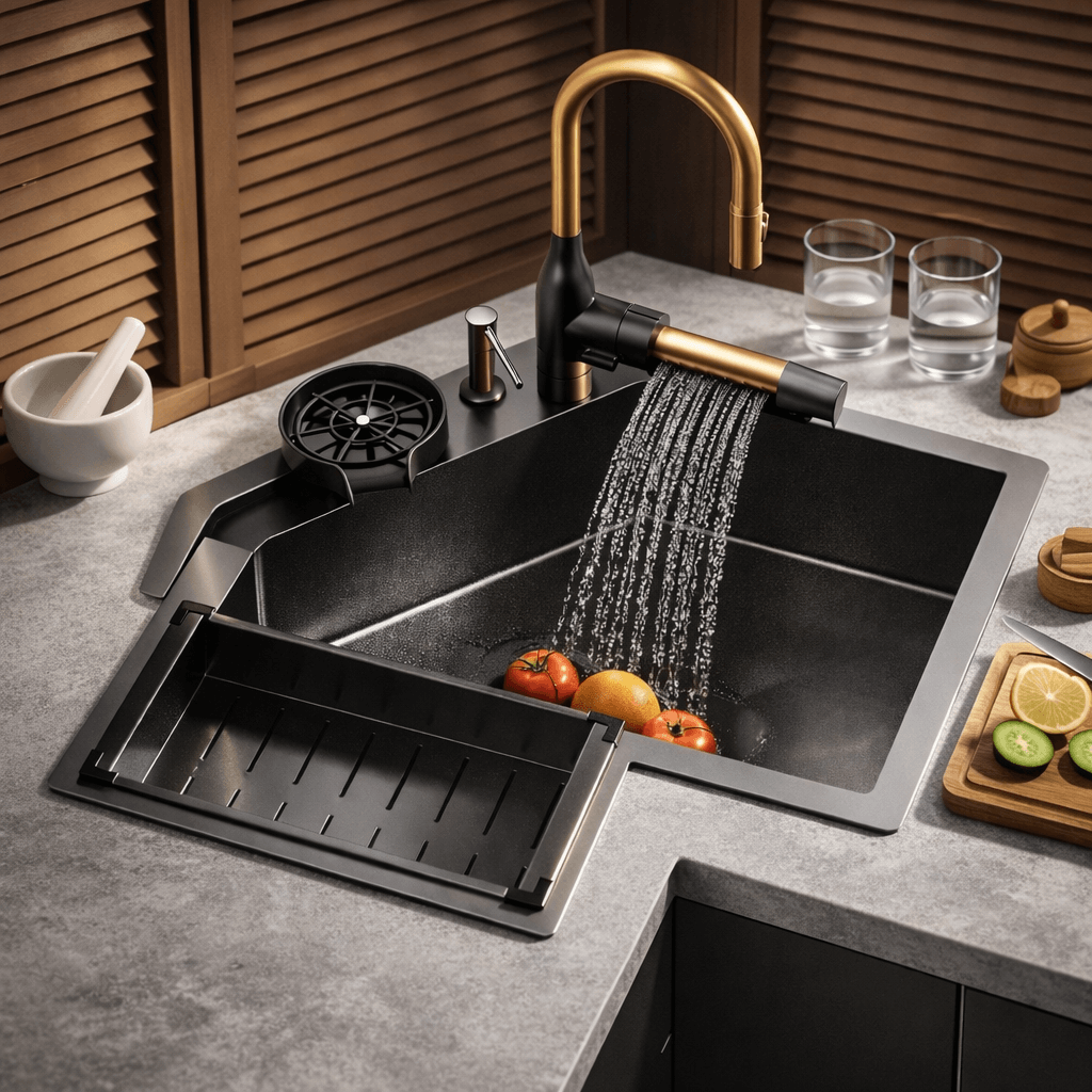 Modern kitchen sink with gold faucet and running water, surrounded by fruits and glasses on a gray countertop.