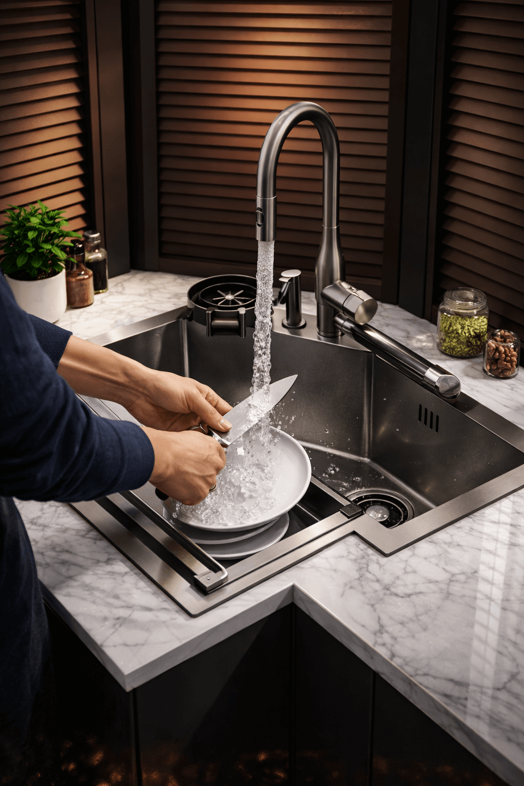 Person washing dishes in a modern kitchen with a stainless steel sink and faucet.