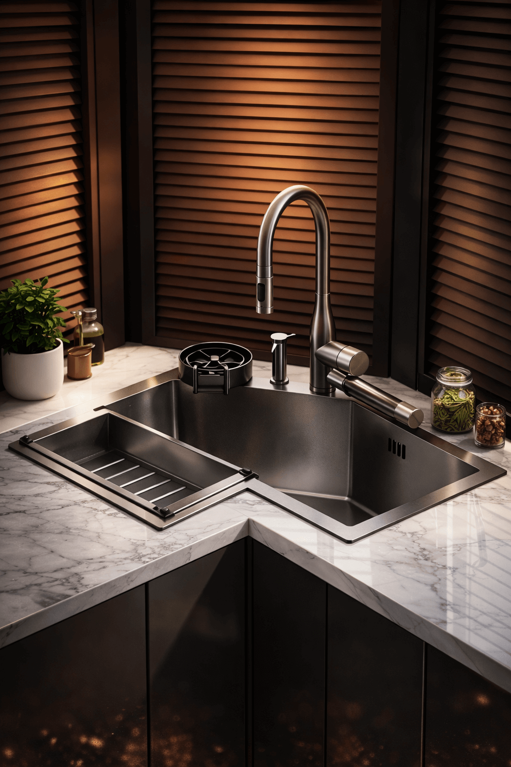 Modern kitchen sink with faucet in a dimly lit room