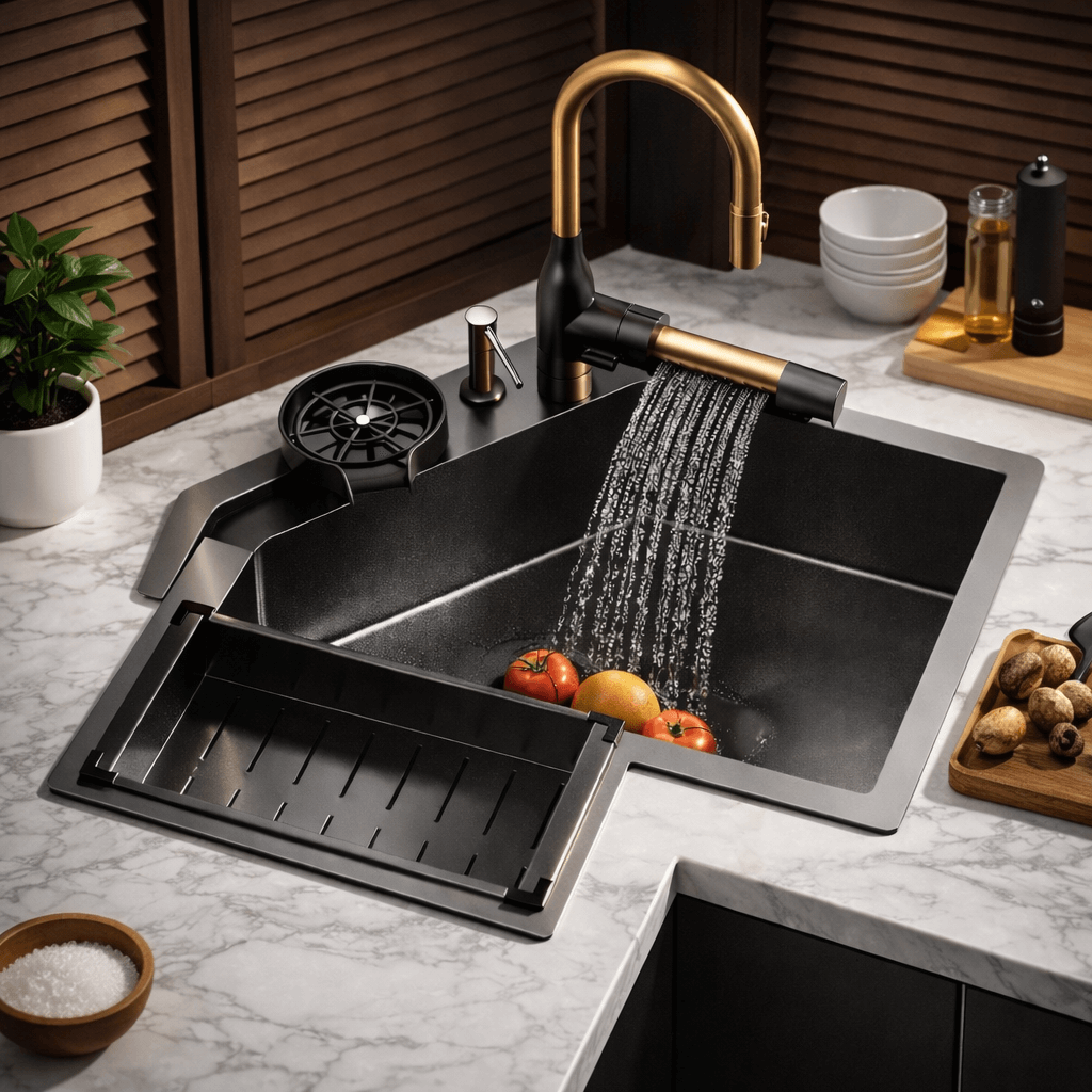 Modern kitchen sink with gold faucet and marble countertop