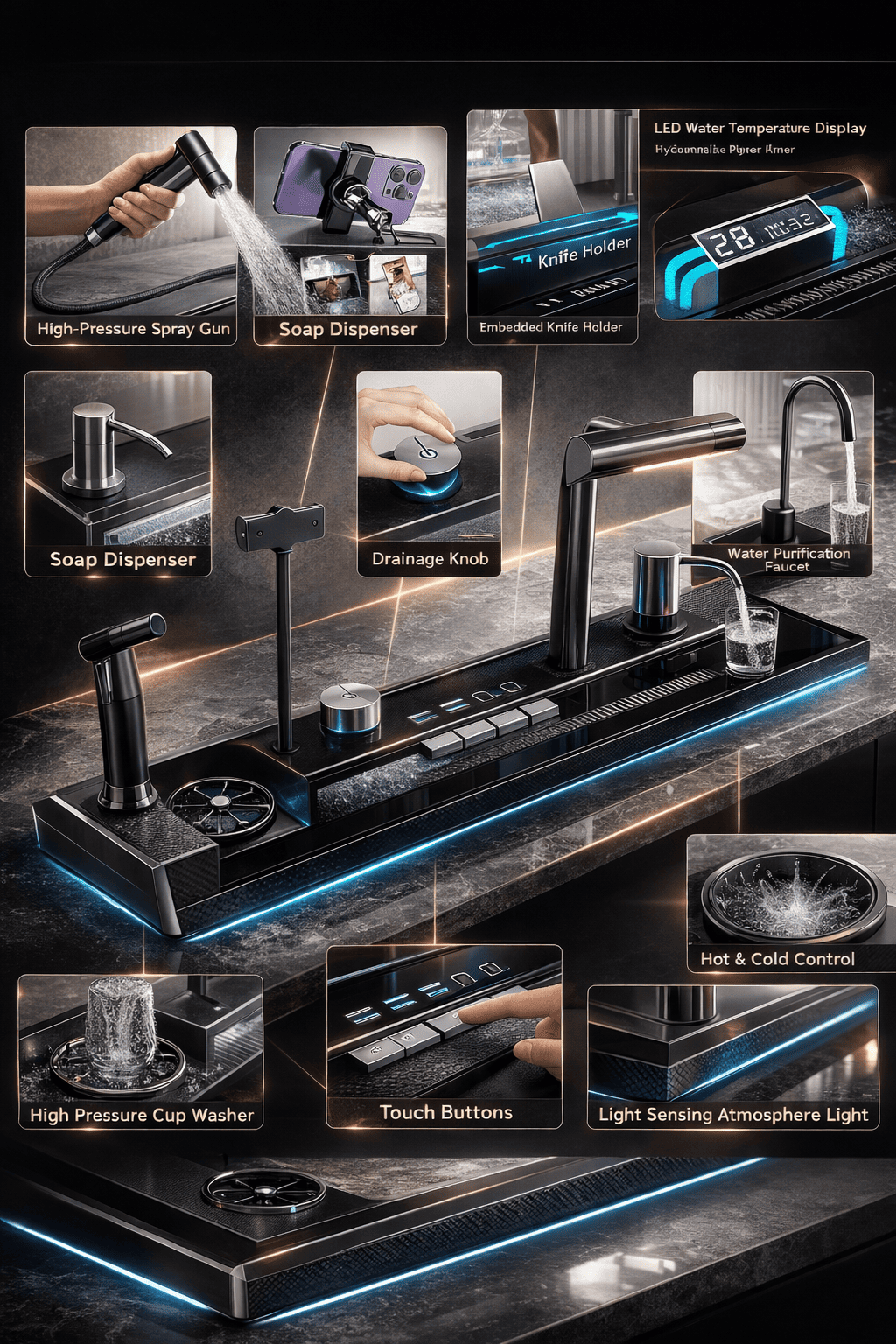 Collage of a modern kitchen sink with various features and components.