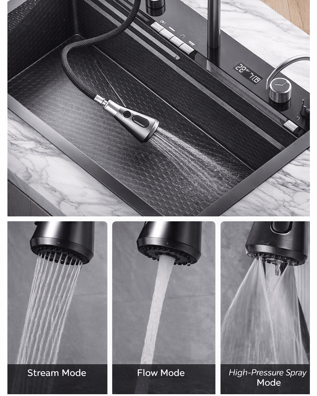 Kitchen sink with faucet and spray head on a marble countertop, showing different water flow modes.