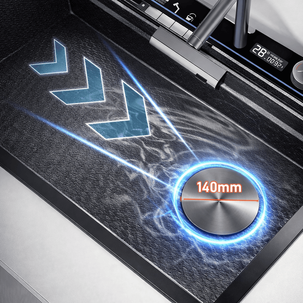 Kitchen sink with 140mm enlarged drain port feature and text highlighting faster draining.