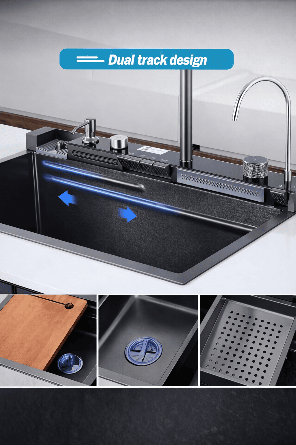 Kitchen sink with dual track design feature, showing different views and components.