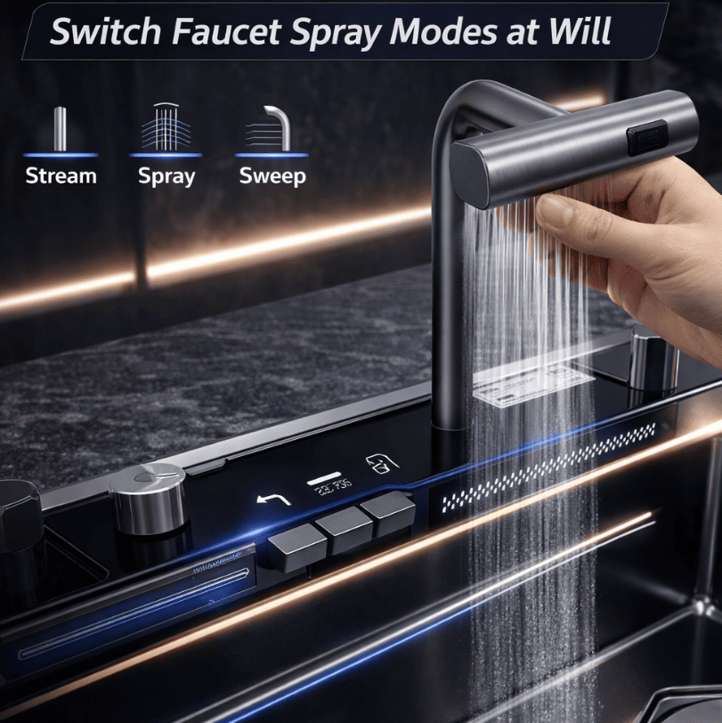 Faucet with multiple water outlet modes being demonstrated on a dark background.