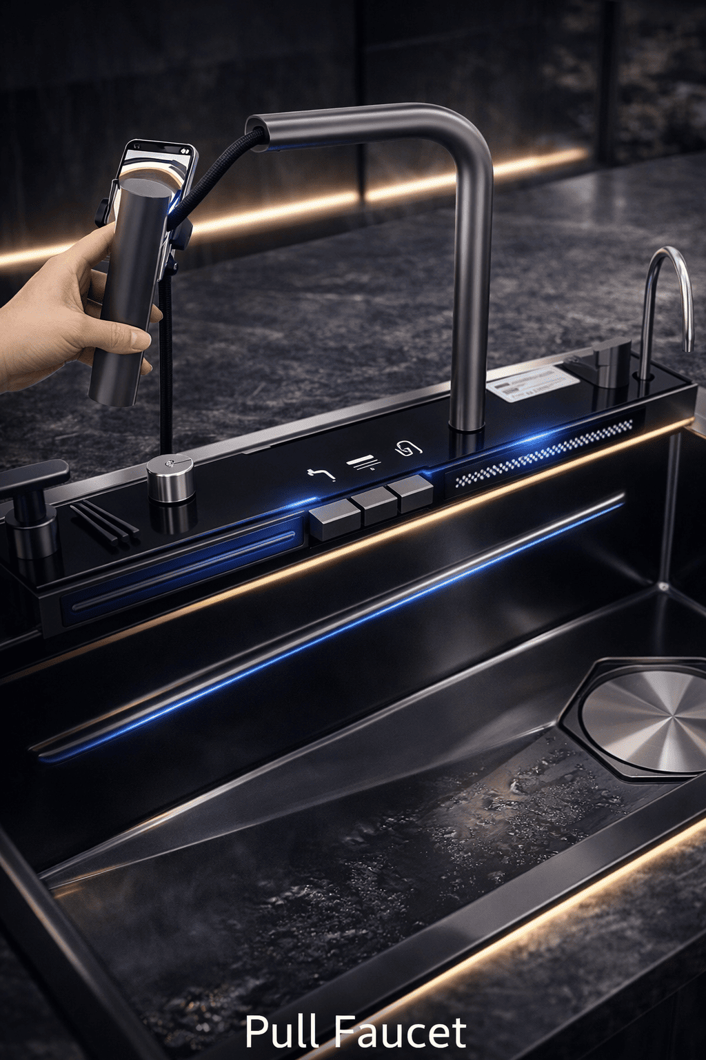 Modern kitchen sink with pull faucet and hand holding a razor.