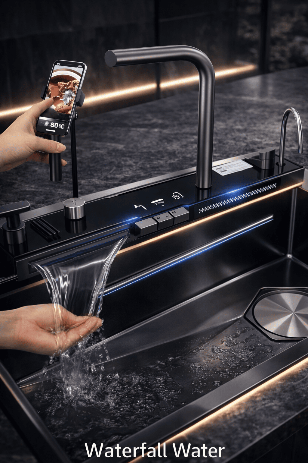 Modern kitchen sink with a faucet and smartphone displaying water quality information.