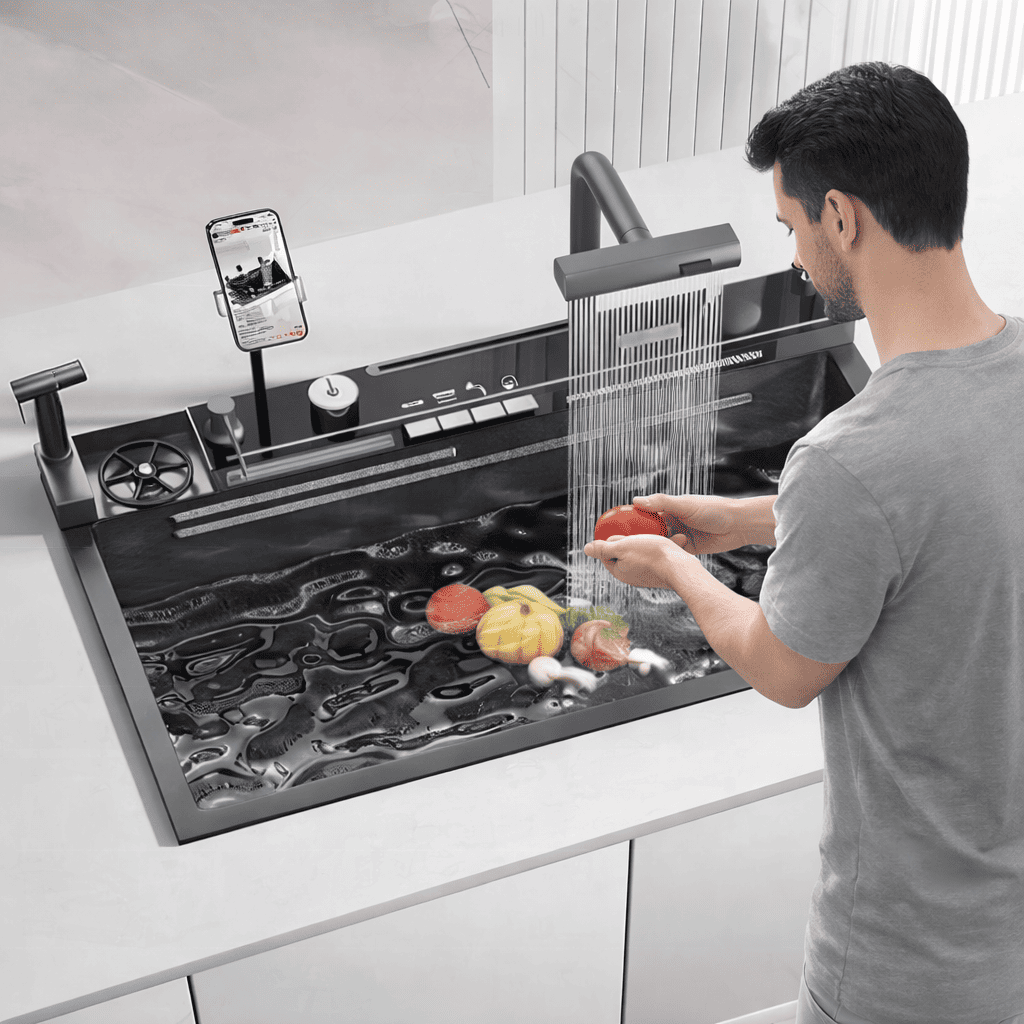 Person using a smartphone app to control kitchen appliances in a modern kitchen.