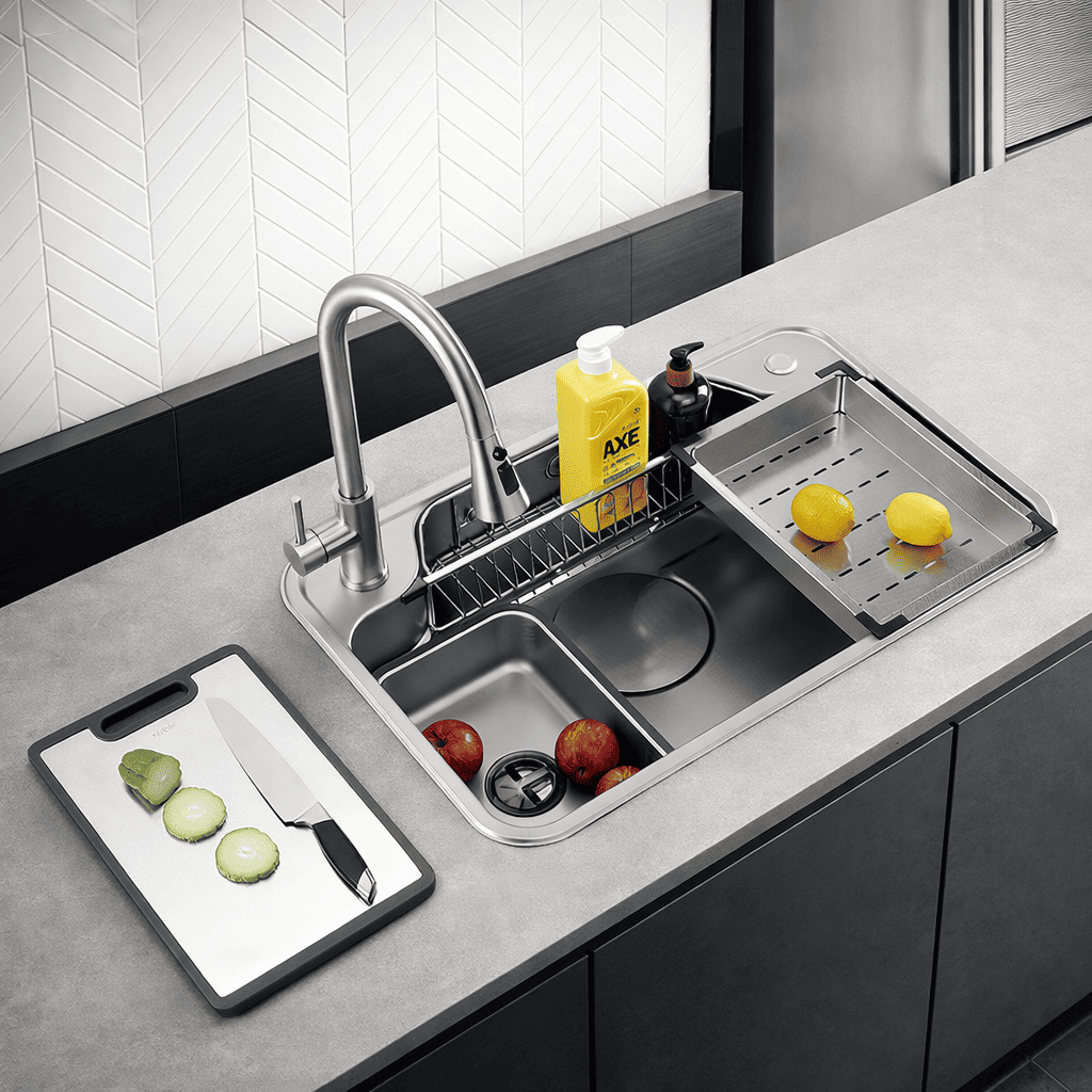Modern kitchen sink with running water, fruits, and a cutting board.