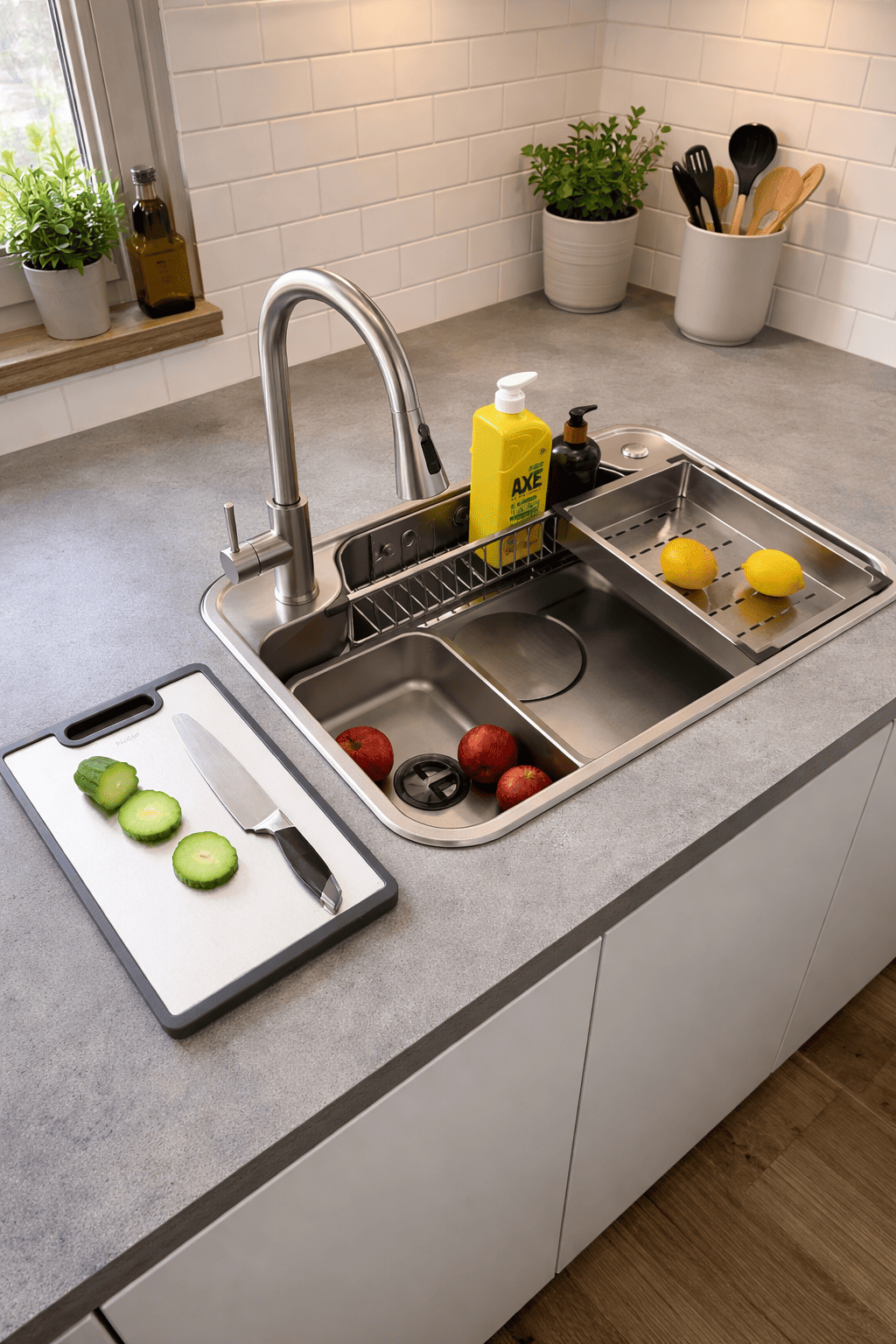 Modern kitchen sink with fruit and vegetables on a countertop