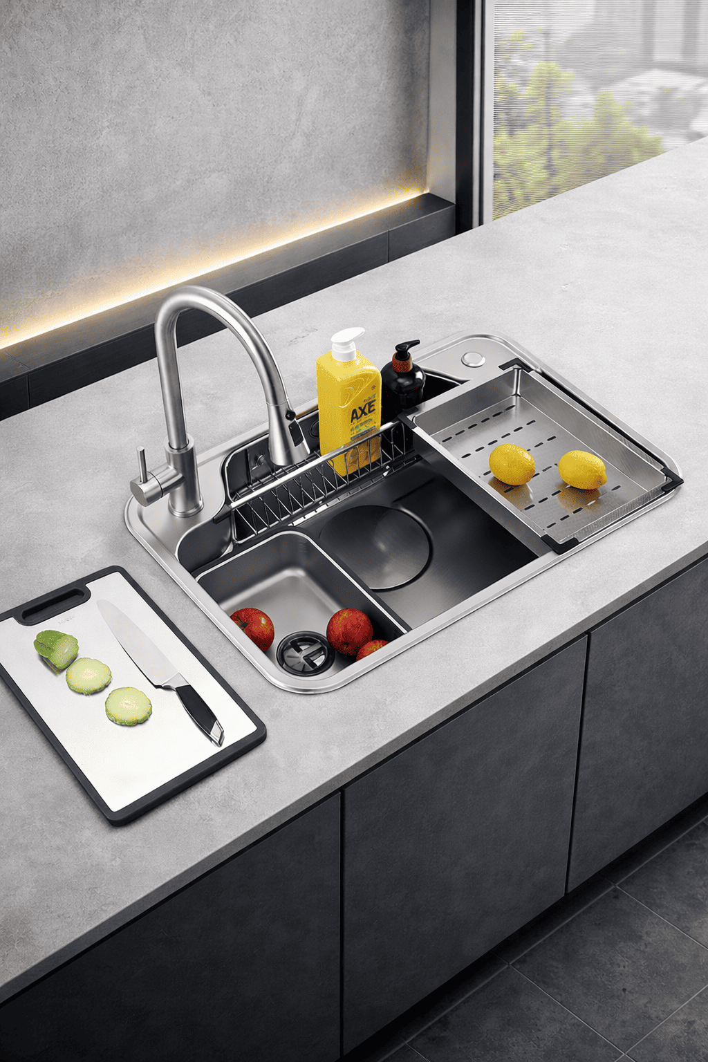 Modern kitchen sink with running water, fruits, and a cutting board.