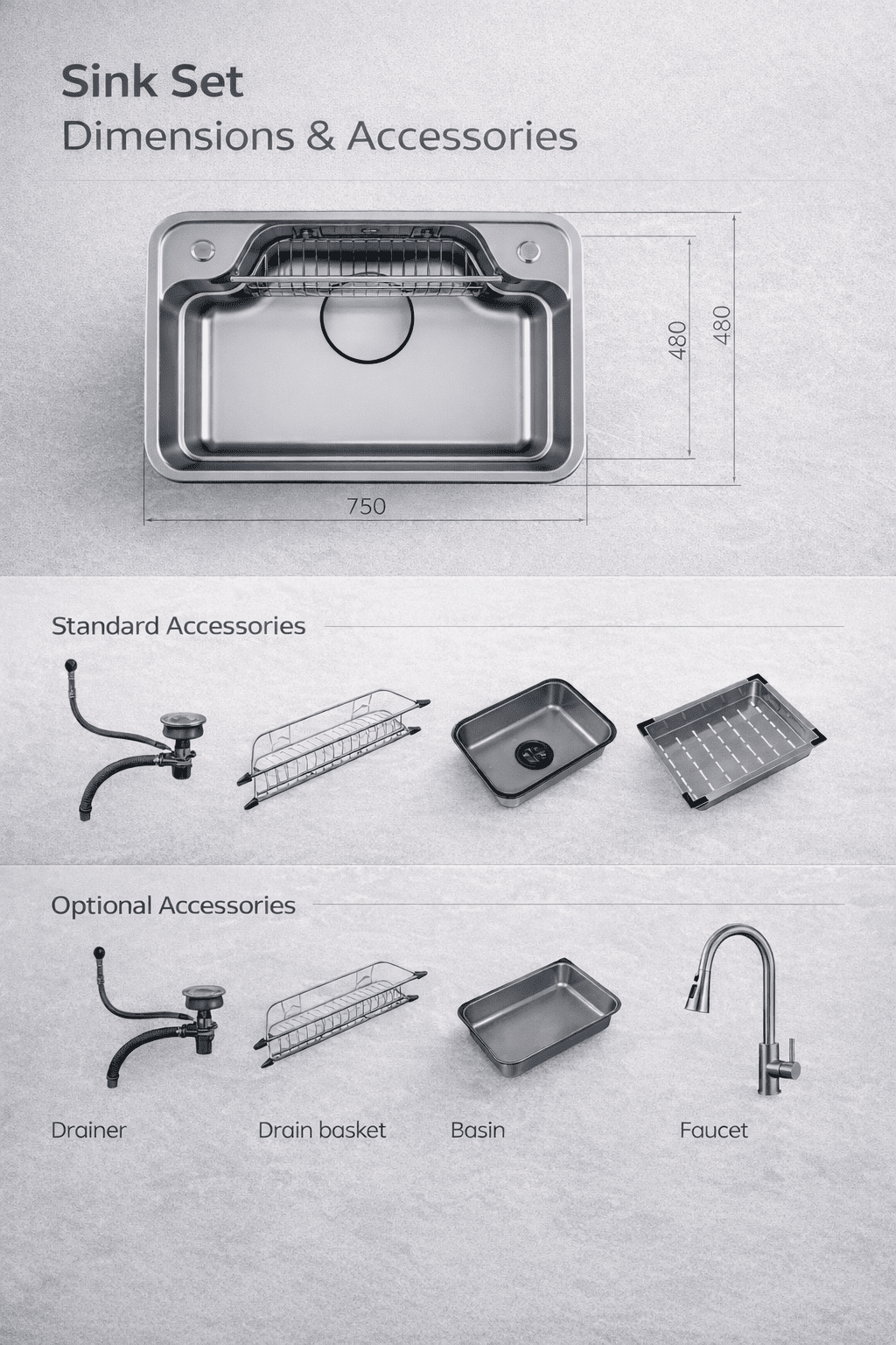 Sink set with dimensions and accessories on a gray background