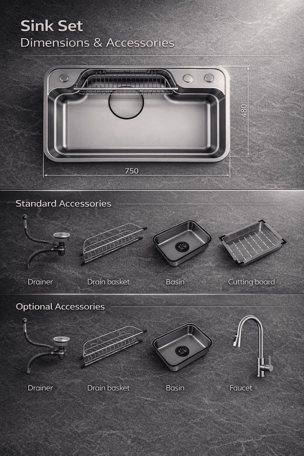 Sink set with dimensions and accessories on a gray background