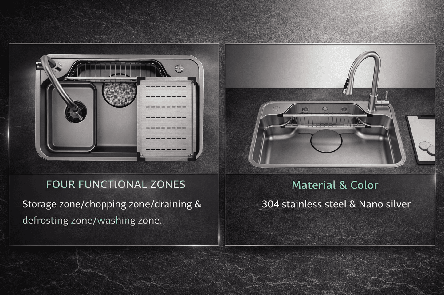 Stainless steel kitchen sink with text detailing functional zones and material properties.