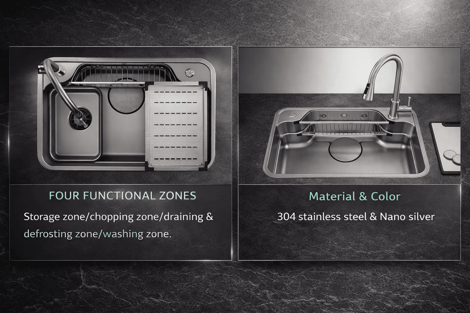 Stainless steel kitchen sink with text detailing functional zones and material properties.