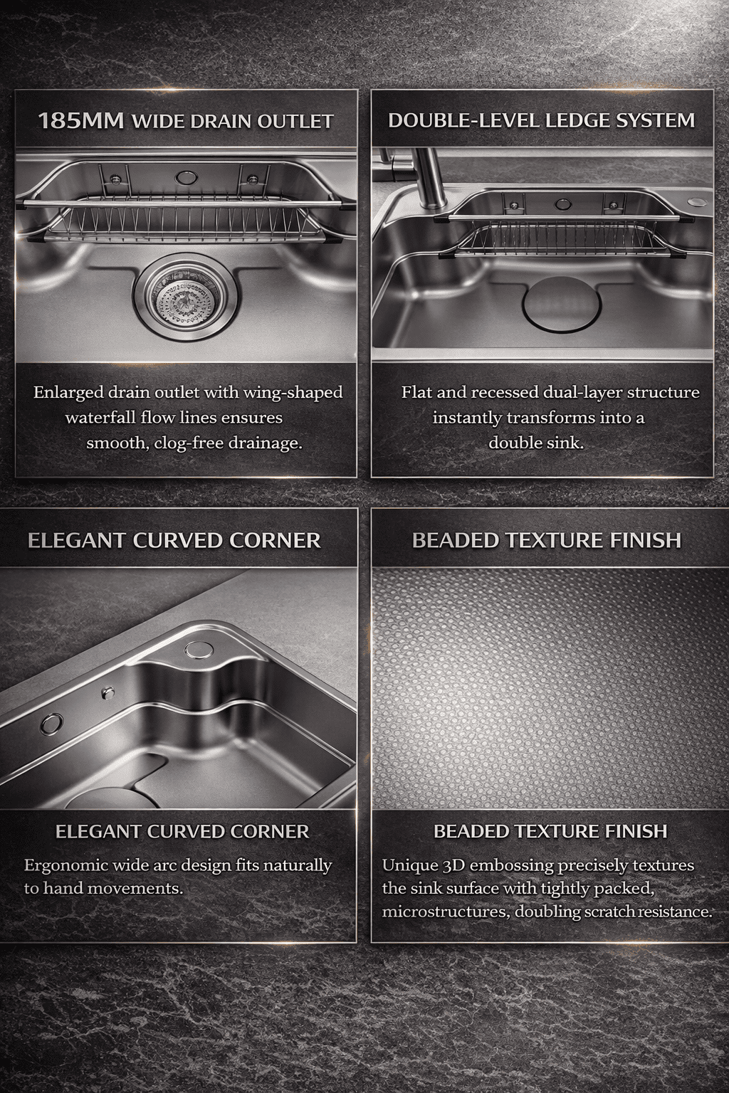 Detailed view of a kitchen sink with text describing features like wide drain outlet, double-level ledge system, elegant curved corner, and beaded texture finish.