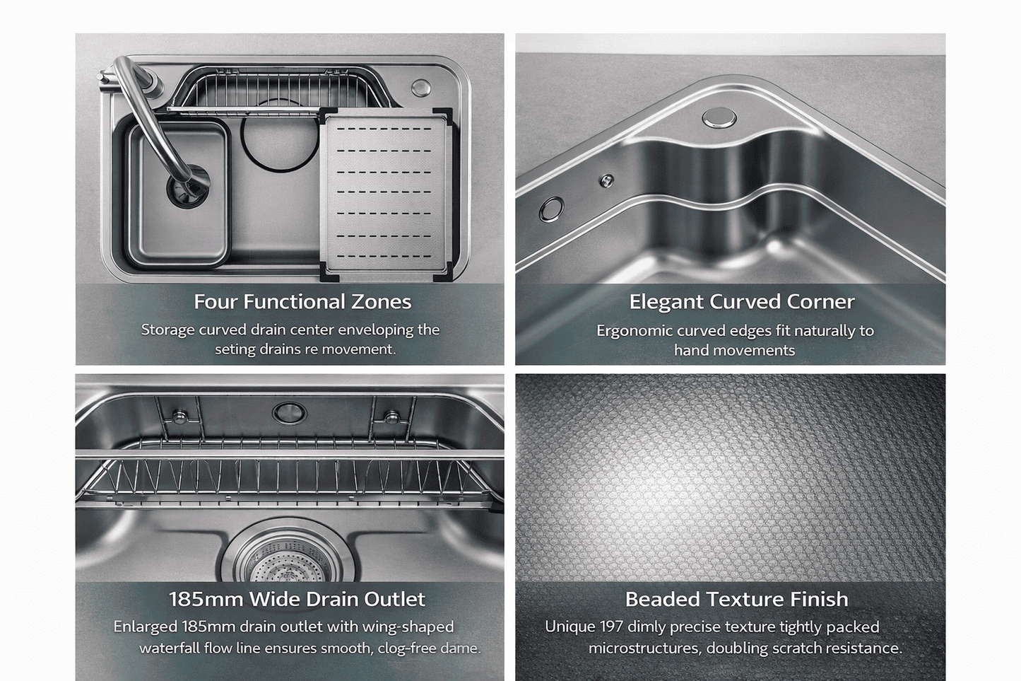 Stainless steel kitchen sink with features highlighted on a gray background