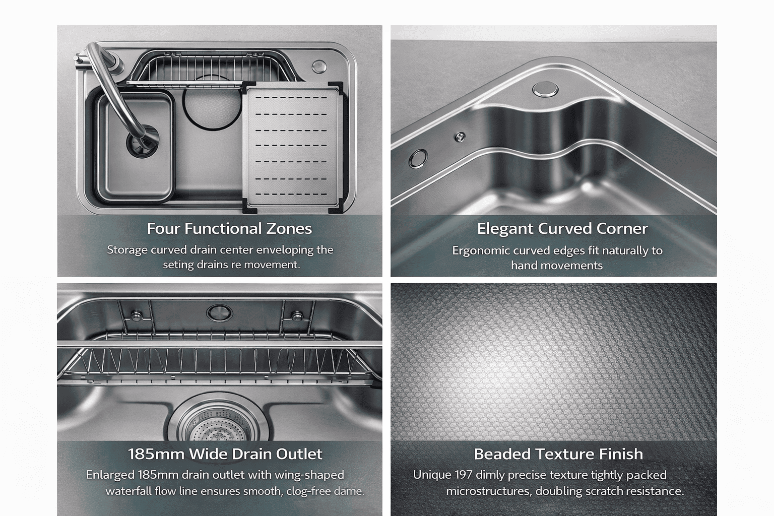 Stainless steel kitchen sink with features highlighted on a gray background