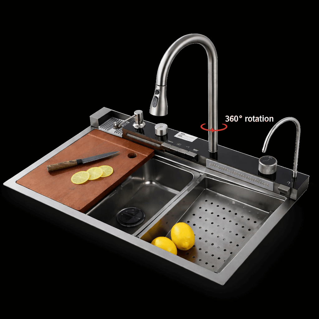 Stainless steel kitchen sink with cutting board, knife, and lemons on a black background