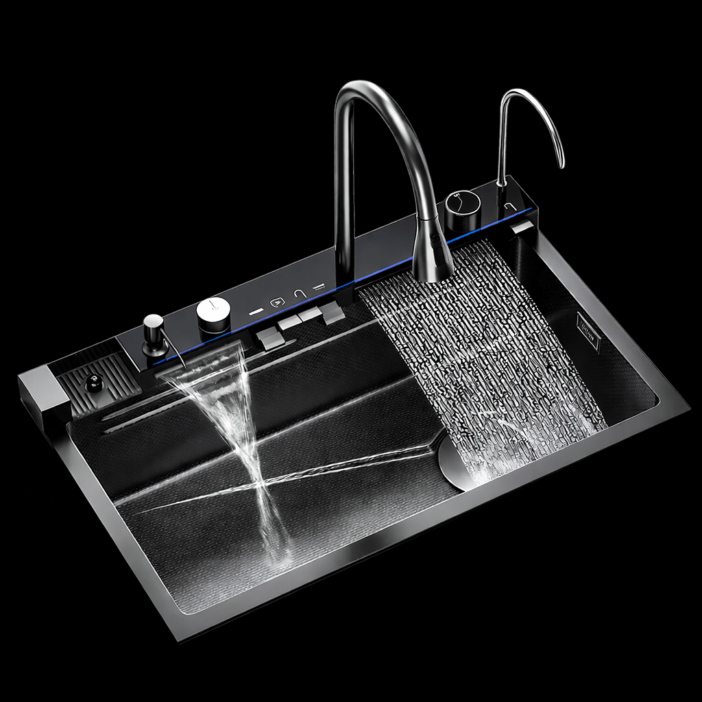 Modern kitchen sink with dual faucet on a black background