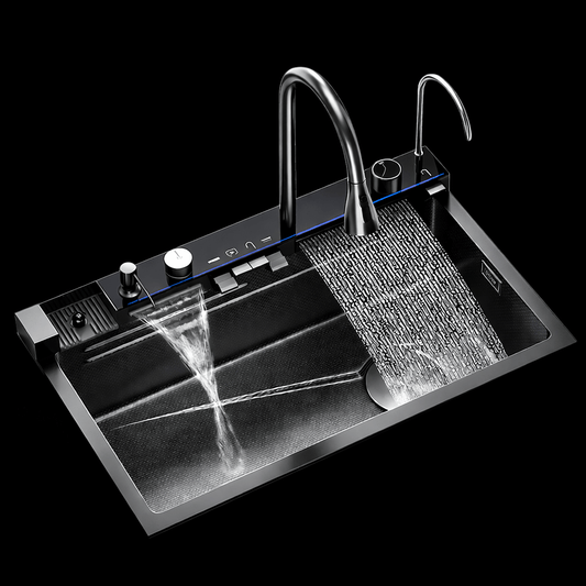 Modern kitchen sink with dual faucet on a black background