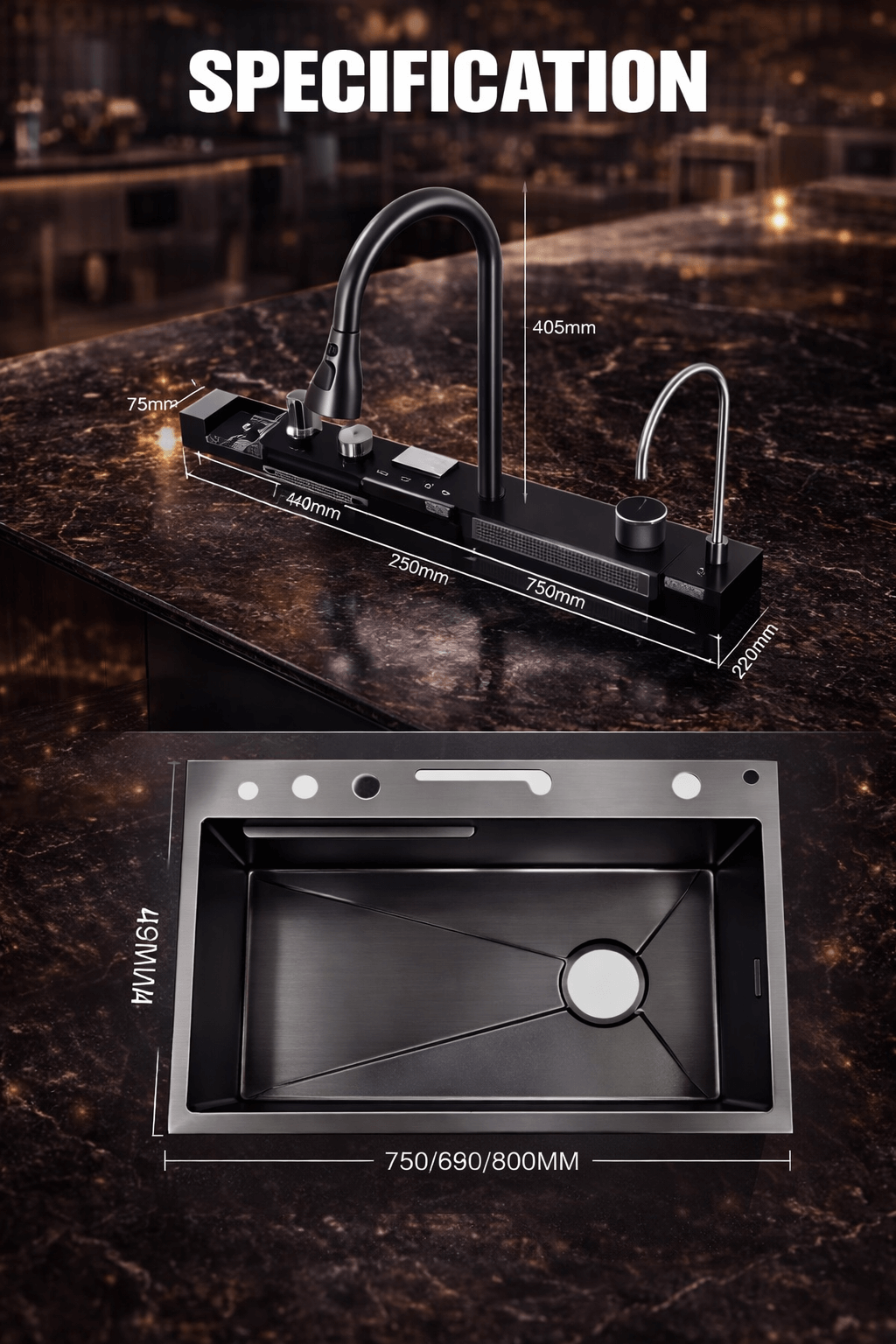 Kitchen sink and faucet set with dimensions on a dark countertop
