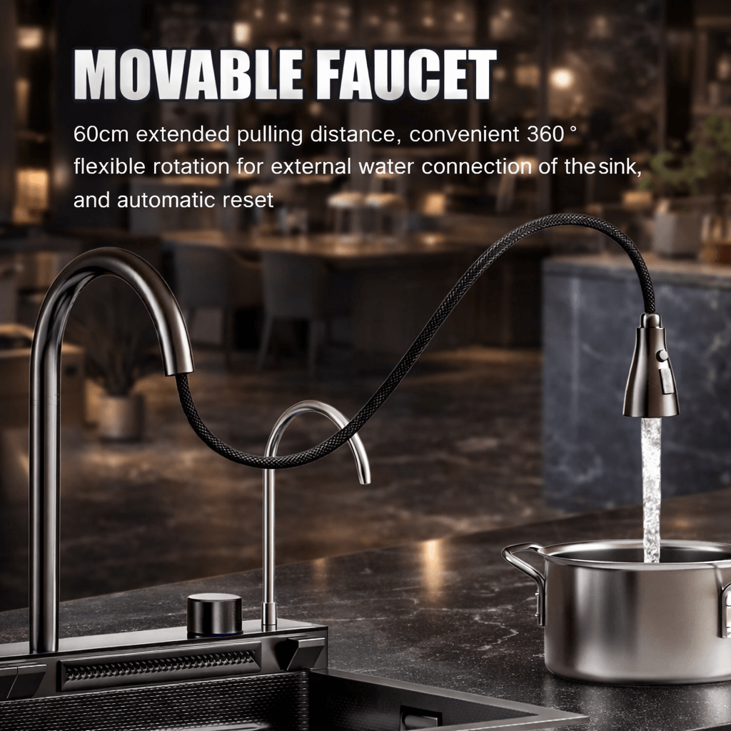 Movable faucet with extended pulling distance and flexible rotation in a kitchen setting.