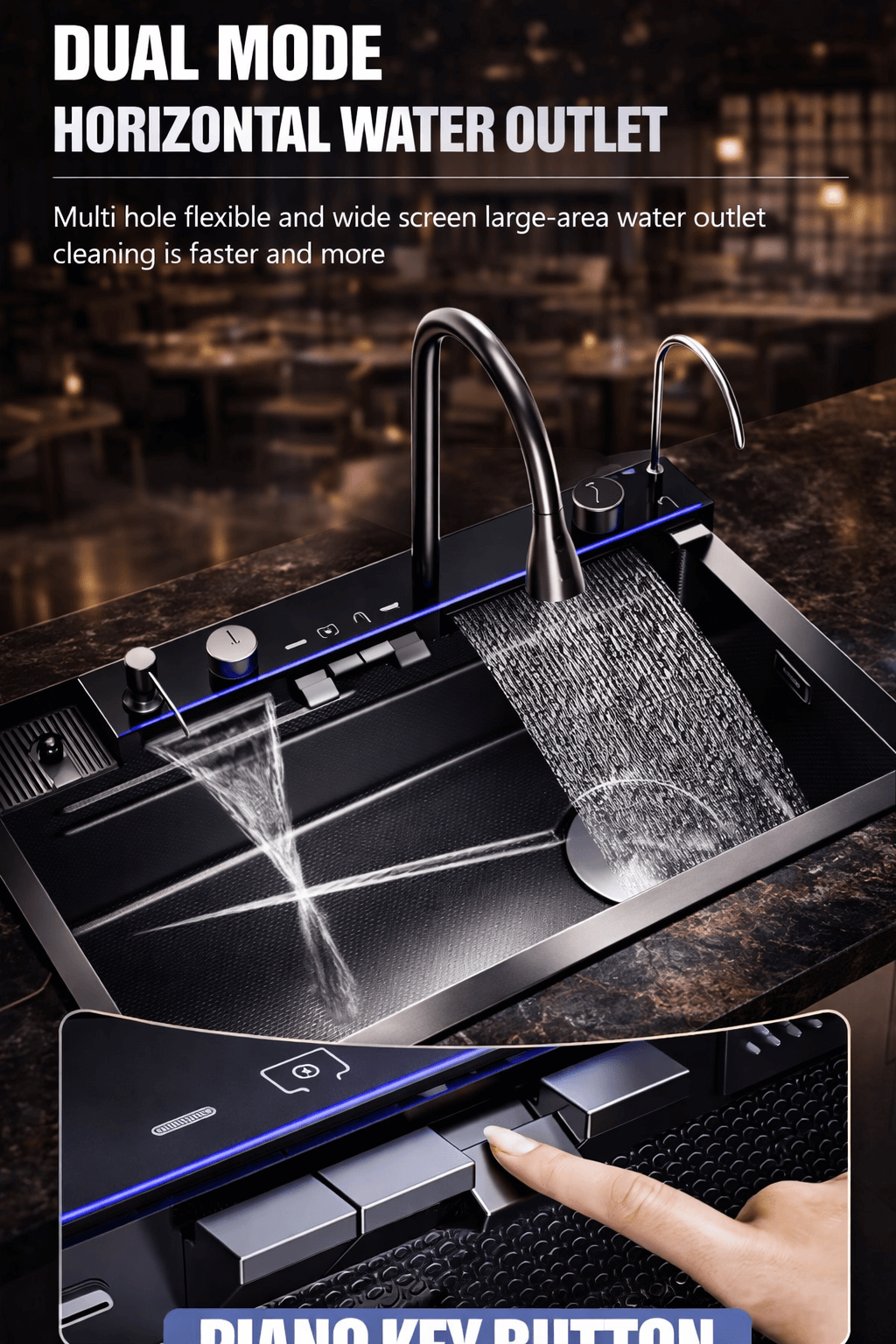 Kitchen sink with water outlet feature on a blurred background