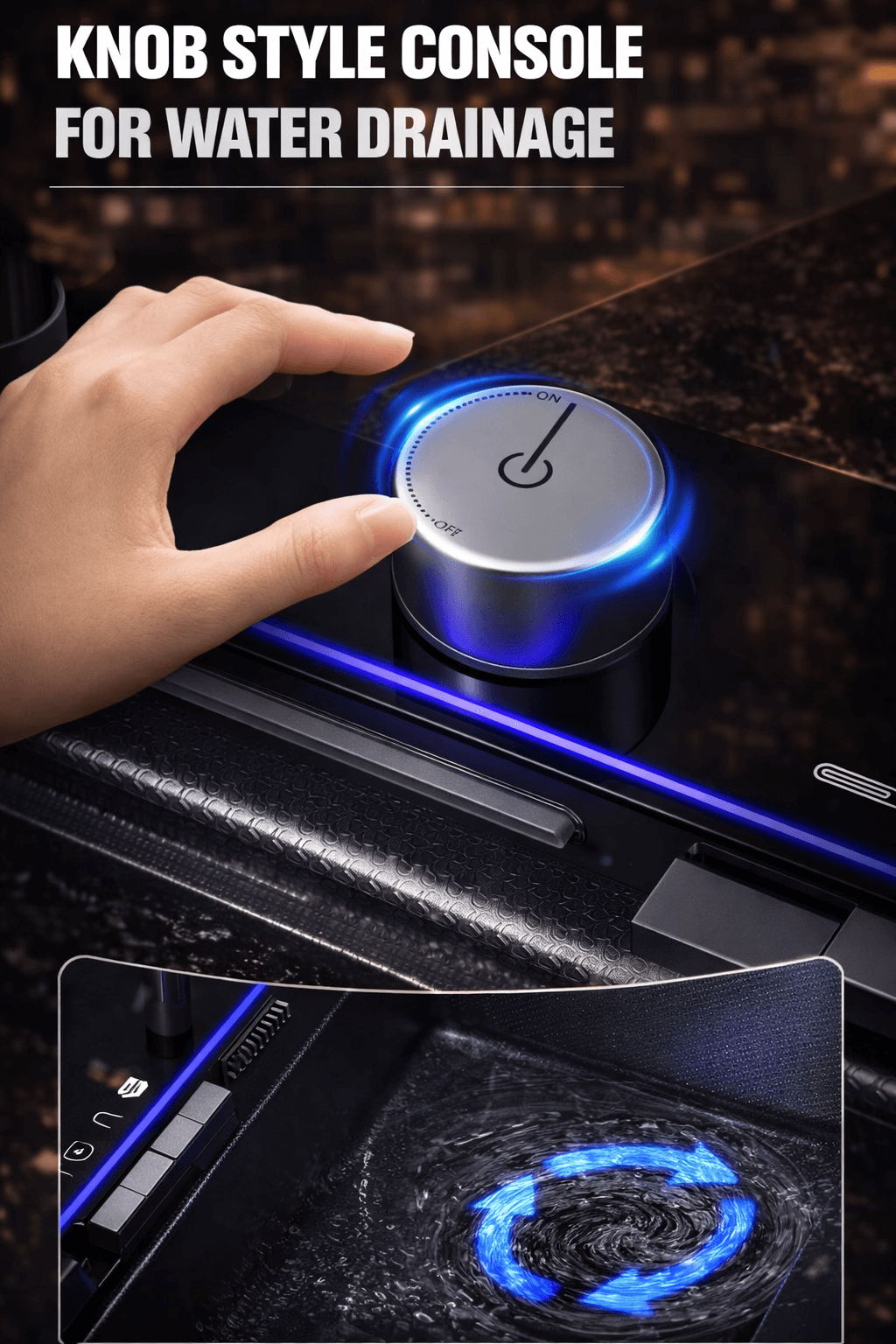 Hand interacting with a knob-style console for water drainage on a dark surface.